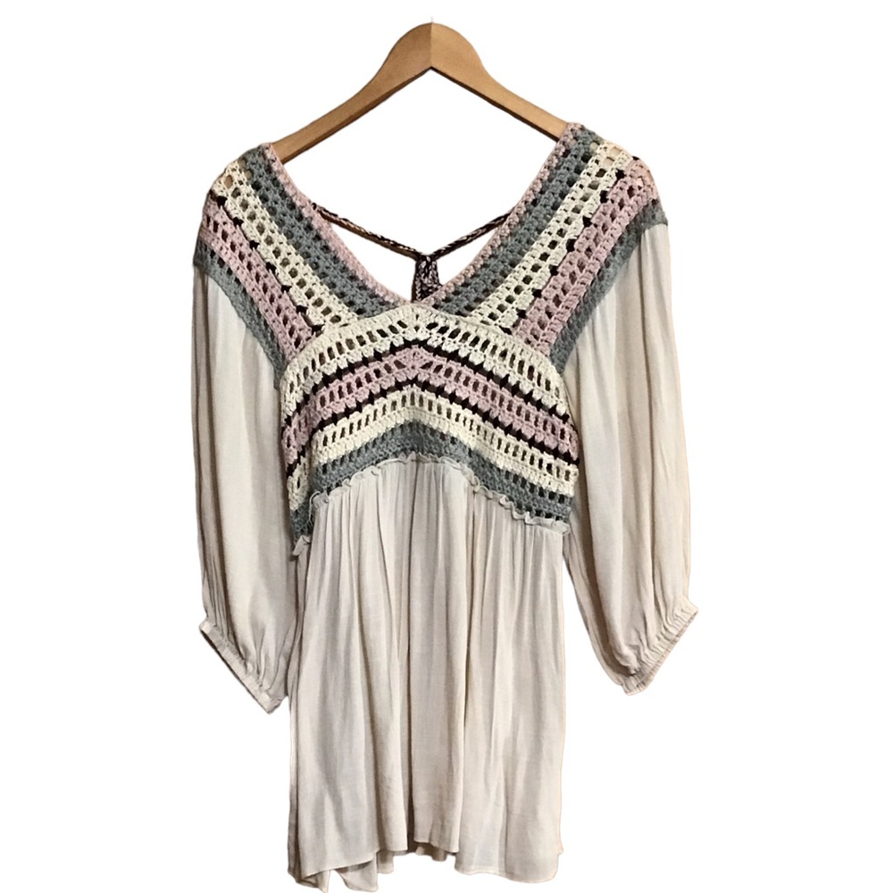 easel Cream Tunic with Pink and Gray Crochet Yoke